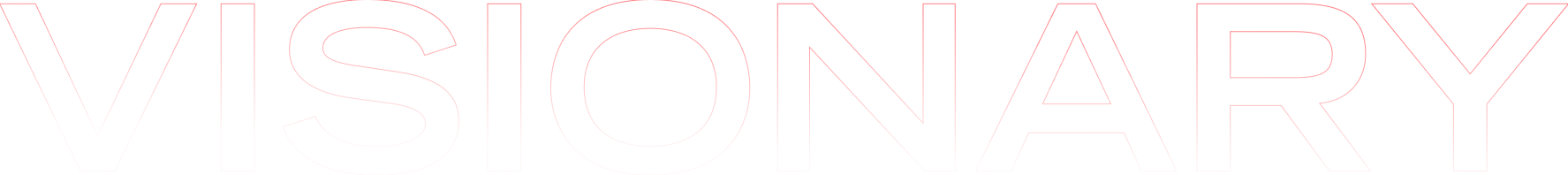The word "VISIONARY" in large, light pink outlined uppercase letters on a pale gray background