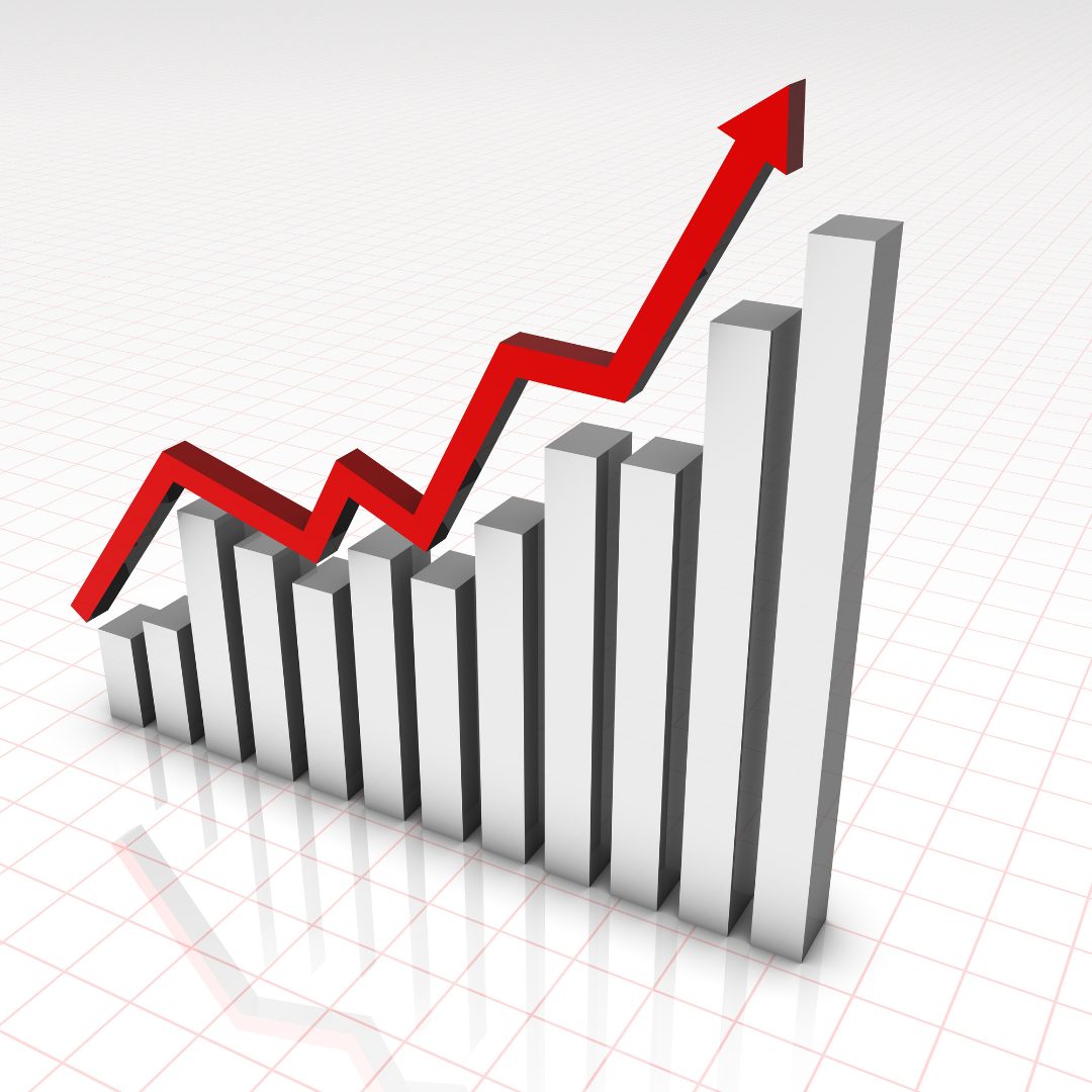 A 3D bar graph with a red upward-trending arrow line indicating consistent growth over time
