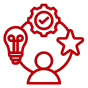 A red line icon depicting a person surrounded by a lightbulb, gear with a checkmark, and a star, symbolizing ideas, process validation, and achievement