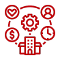 A red line icon showing a central building connected to symbols of a gear, heart checkmark, person, clock, and dollar sign, representing business operations or management factors