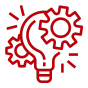 A red line icon of a lightbulb surrounded by two gears and radiating lines, symbolizing innovation, creativity, and technical solutions