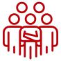 Red icon of five stylized people, with the central figure crossing his arms, symbolizing leadership or recognition