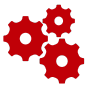 Red icon of three interlocking gears, symbolizing settings, engineering, or mechanical processes