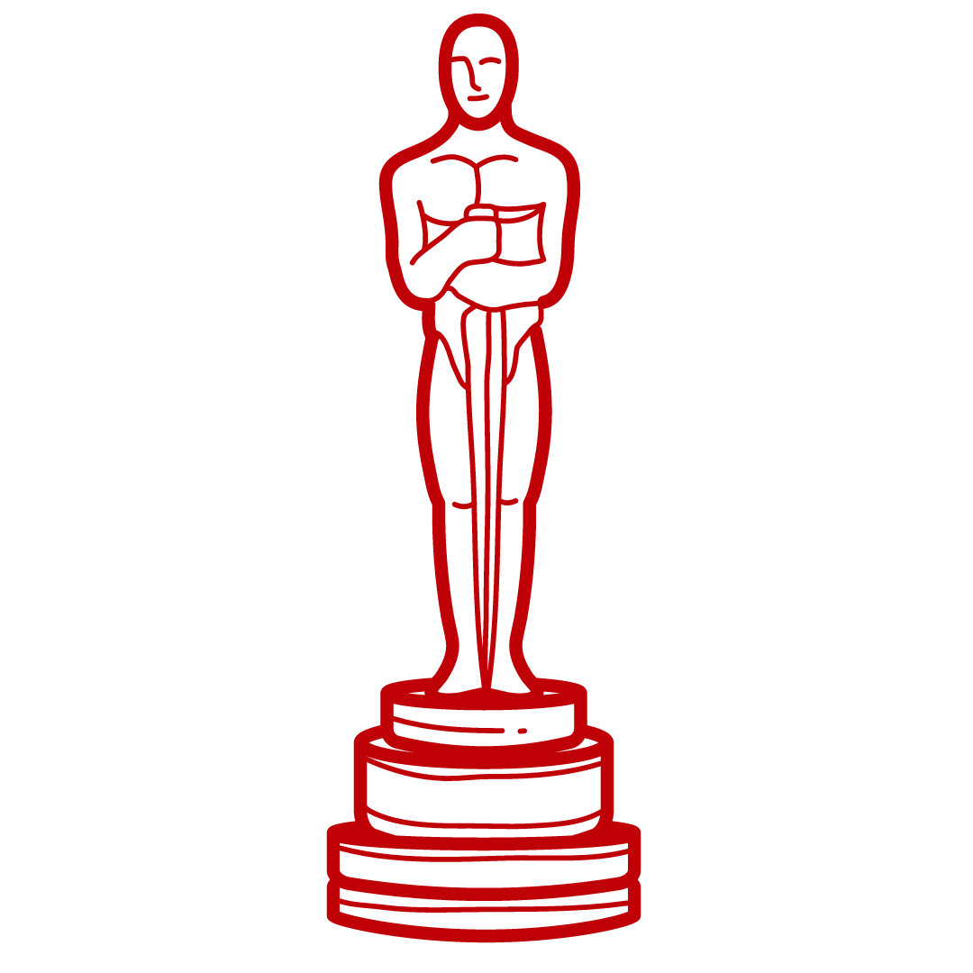 Red outline illustration of an Oscar-style statuette, showing a stylized human figure standing on a tiered base and holding a vertical object against its chest