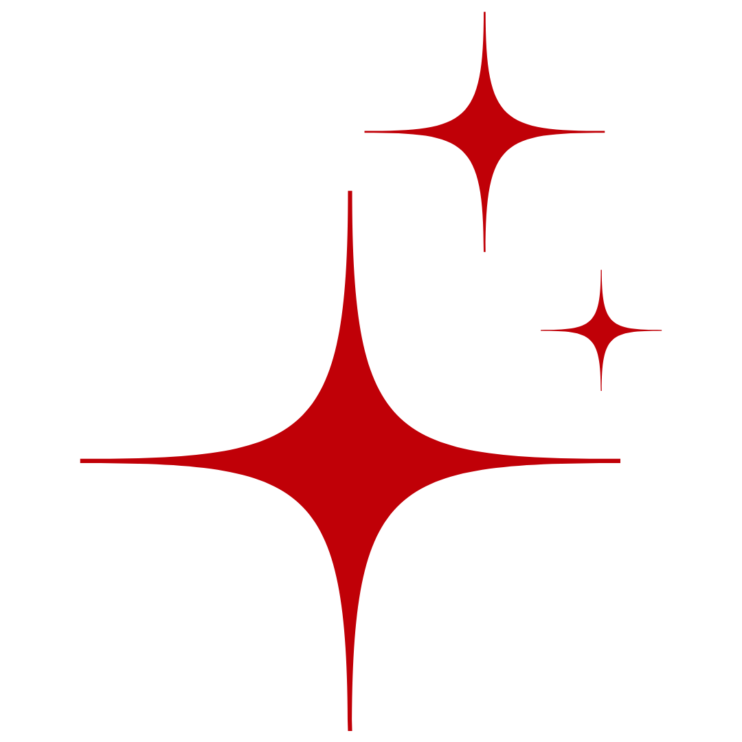 Stylized red sparkle or starburst icon featuring three pointed glints of varying sizes, set against a transparent background