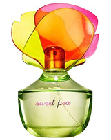 A green perfume bottle labeled "sweet pea" with a colorful, flower-shaped cap in pink, orange, and yellow