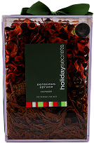 A clear rectangular container filled with decorative potpourri labeled “Holiday Time” and topped with a dark green bow