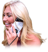 A smiling blonde woman talks on a smartphone with a white marble-patterned case and black pop socket
