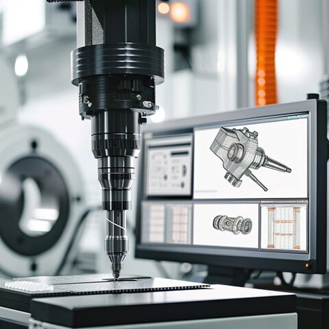 A CNC milling machine in operation next to a monitor displaying a 3D CAD model of a mechanical part, highlighting the integration of digital design and automated precision machining