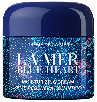 A dark blue jar of La Mer Blue Heart moisturizing cream with intricate ocean-inspired patterns and white text on the label