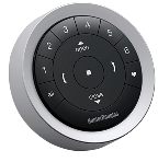 A modern circular remote control with a metallic outer ring and black center featuring numbered buttons and icons for fan speed, power, and other functions