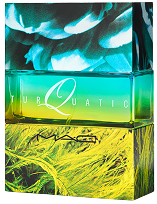 A vibrant perfume bottle labeled "Turquatic" by MAC, featuring a gradient of turquoise and yellow with a nature-inspired abstract design on the packaging