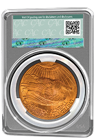 A graded and encapsulated gold coin displayed in a transparent plastic case with a green CAC certification label and QR code at the top