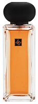 A tall, rectangular glass perfume bottle filled with amber-colored liquid, featuring a minimalist black logo on the front and topped with a round matte black cap