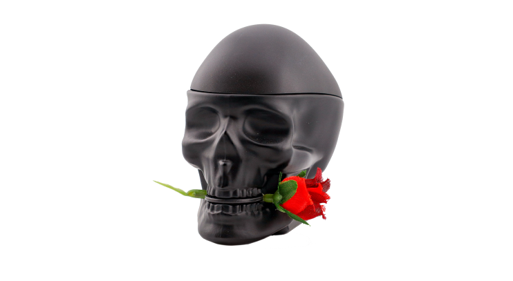A matte black skull-shaped container holding a red rose in its mouth, set against a white background