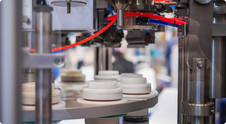 Close-up of an automated packaging machine placing caps onto white containers in a production line, with visible red and blue pneumatic tubes and metallic components