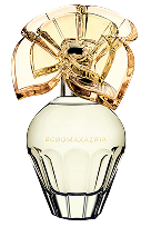 Elegant BCBG Max Azria perfume bottle with pale yellow liquid, a sculpted clear base, and a large, flower-shaped golden cap