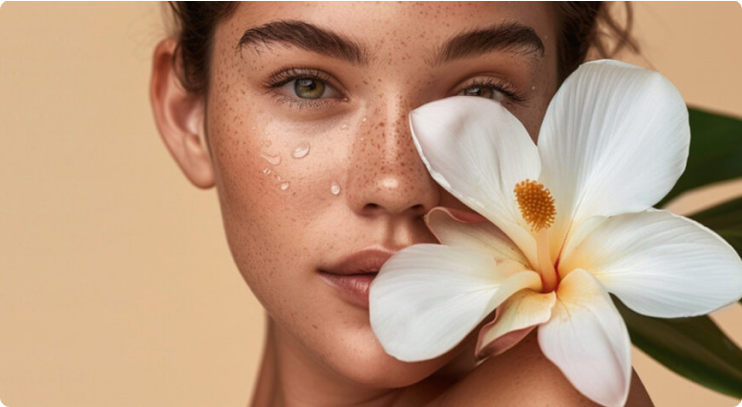 A woman with dewy, freckled skin holds a large white flower near her face, partially covering one eye