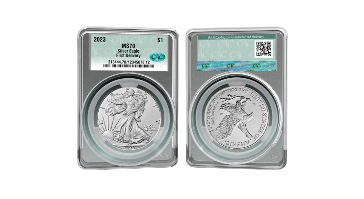 Front and back views of a 2023 American Silver Eagle coin graded MS70, sealed in a CAC-certified holder labeled "First Delivery," featuring Walking Liberty on the obverse and an eagle on the reverse
