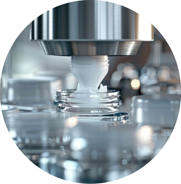 A close-up of a white cream being dispensed into a clear cosmetic jar on an automated production line