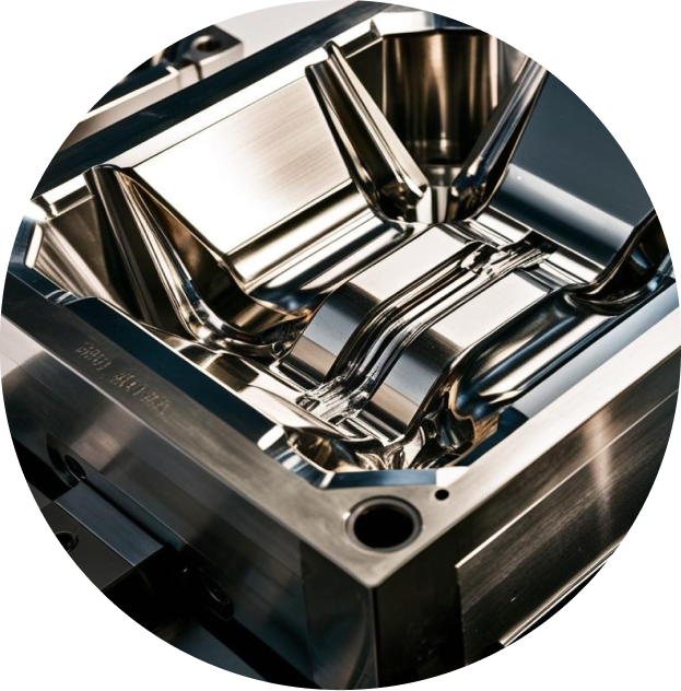 A close-up of a shiny, precision-engineered metal mold used in industrial manufacturing