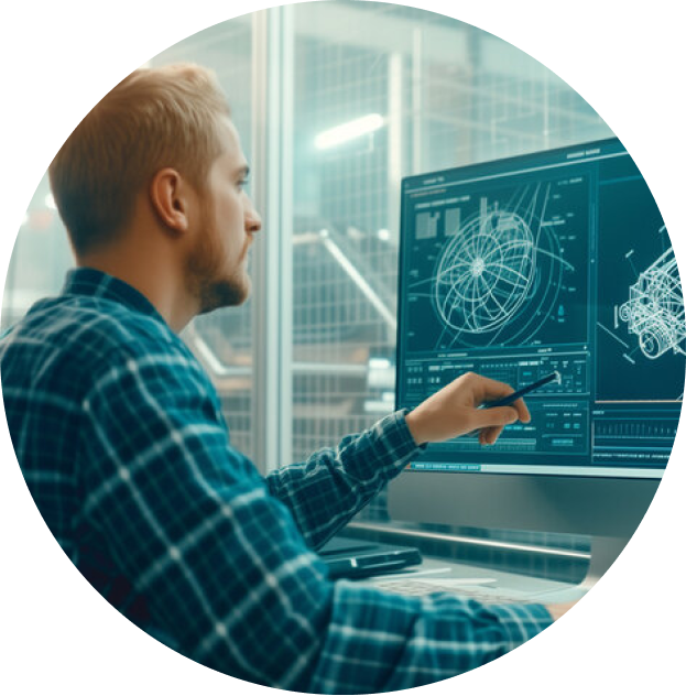 A man in a plaid shirt sits at a desk pointing at a computer screen displaying technical 3D engineering designs and schematics
