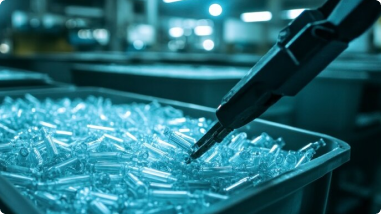 A robotic arm hovers over a bin filled with clear plastic or glass vials in a factory setting, suggesting automated quality control or packaging in a pharmaceutical or manufacturing facility