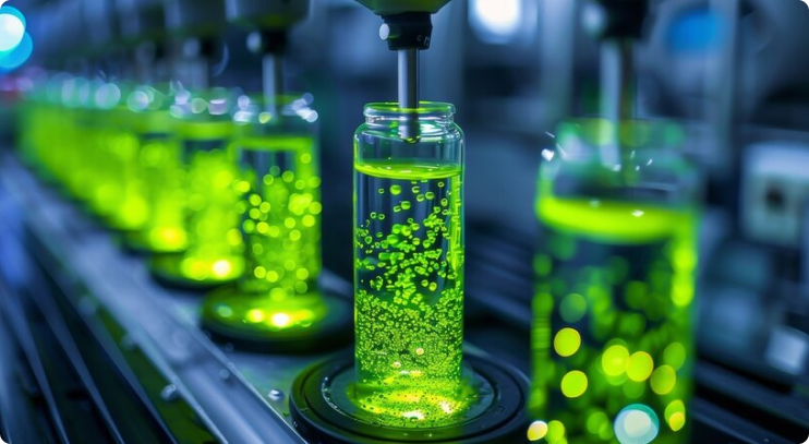Close-up view of an automated production line filling transparent bottles with a bright green liquid containing suspended bubbles, under cool industrial lighting