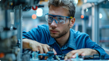 A focused male technician wearing safety goggles inspects and adjusts components on a machine inside a high-tech manufacturing facility