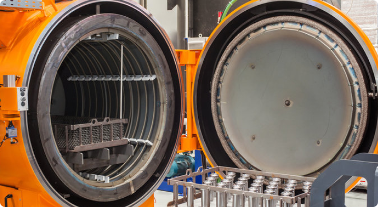 A large industrial autoclave with its circular door open, revealing a metal tray inside; nearby, a cart holds several small metallic containers ready for processing