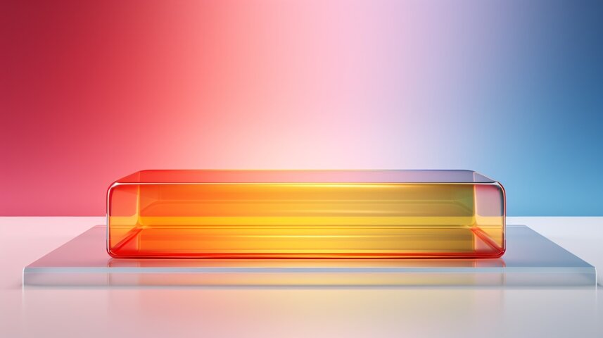 A sleek, rectangular glass object with a gradient of orange and yellow hues sits on a translucent platform against a colorful pink-to-blue background, evoking a futuristic or modern design aesthetic