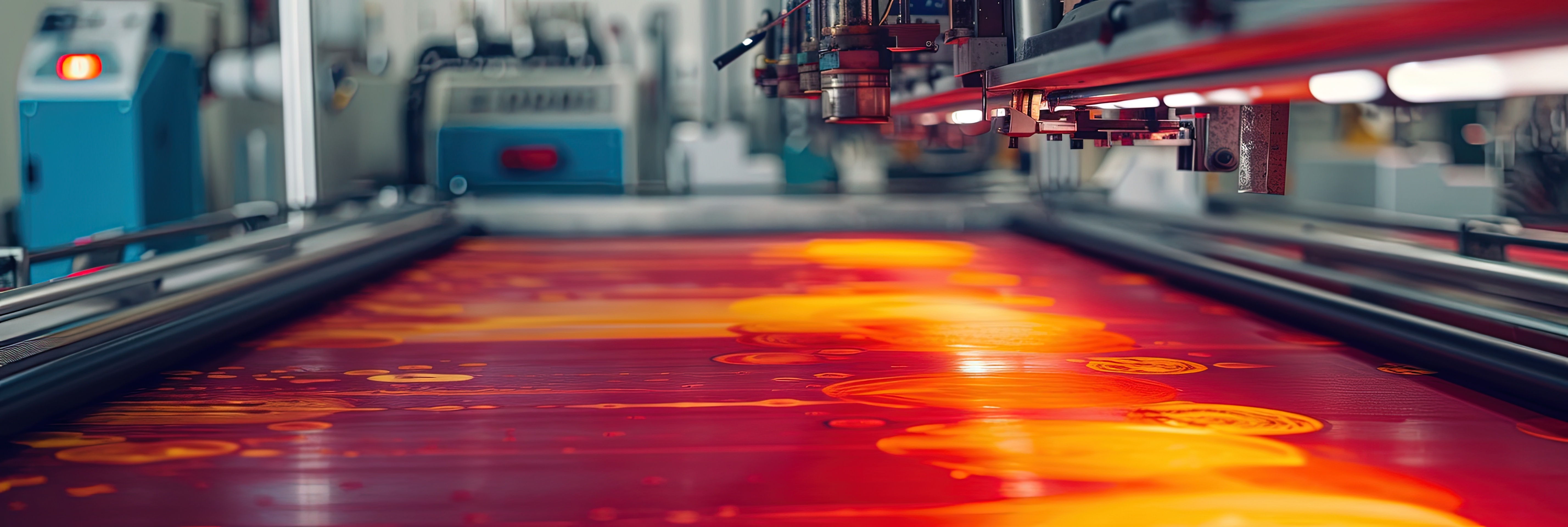 Close-up of a high-speed industrial printer applying vibrant orange and red ink onto a surface in a modern manufacturing facility