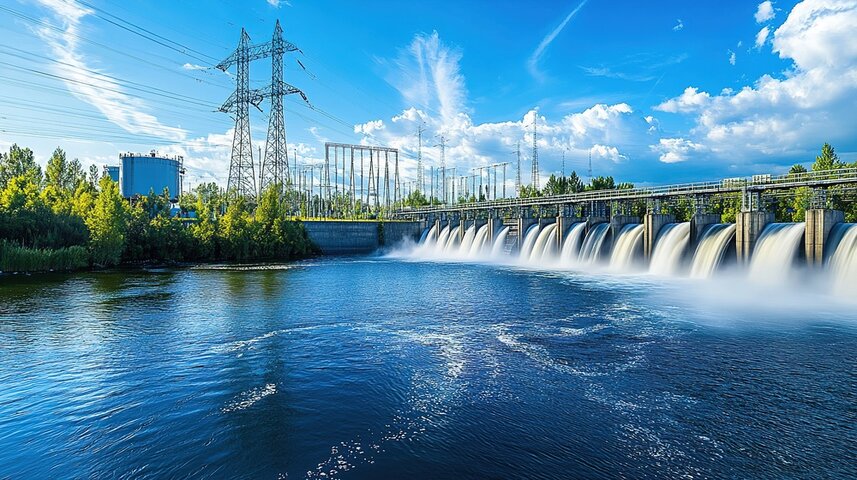 A hydroelectric dam releasing water under a clear blue sky, with electrical infrastructure and transmission towers in the background