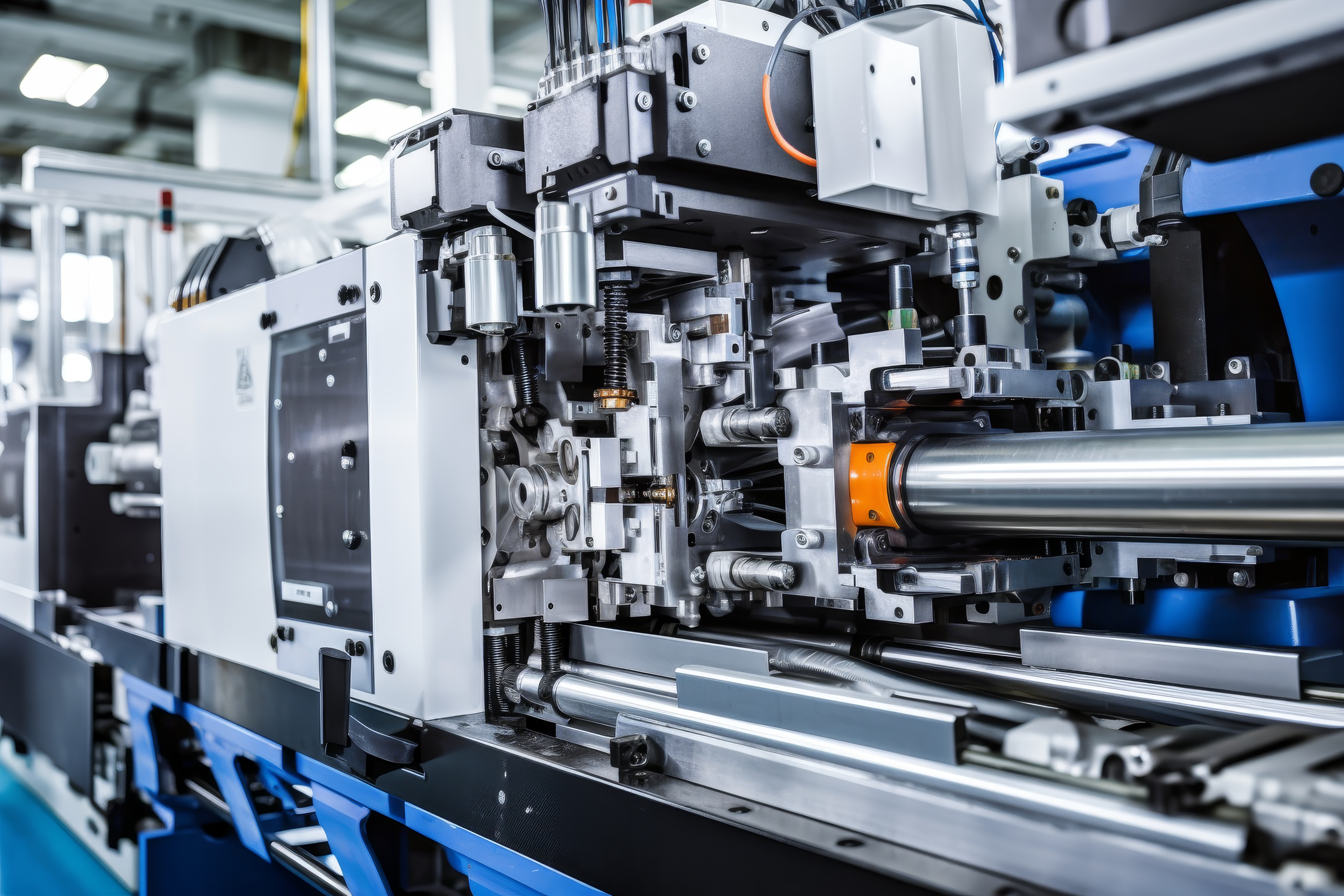 Close-up view of a high-precision injection molding machine in a manufacturing facility, showing detailed mechanical components, rods, and hydraulic systems used for plastic part production