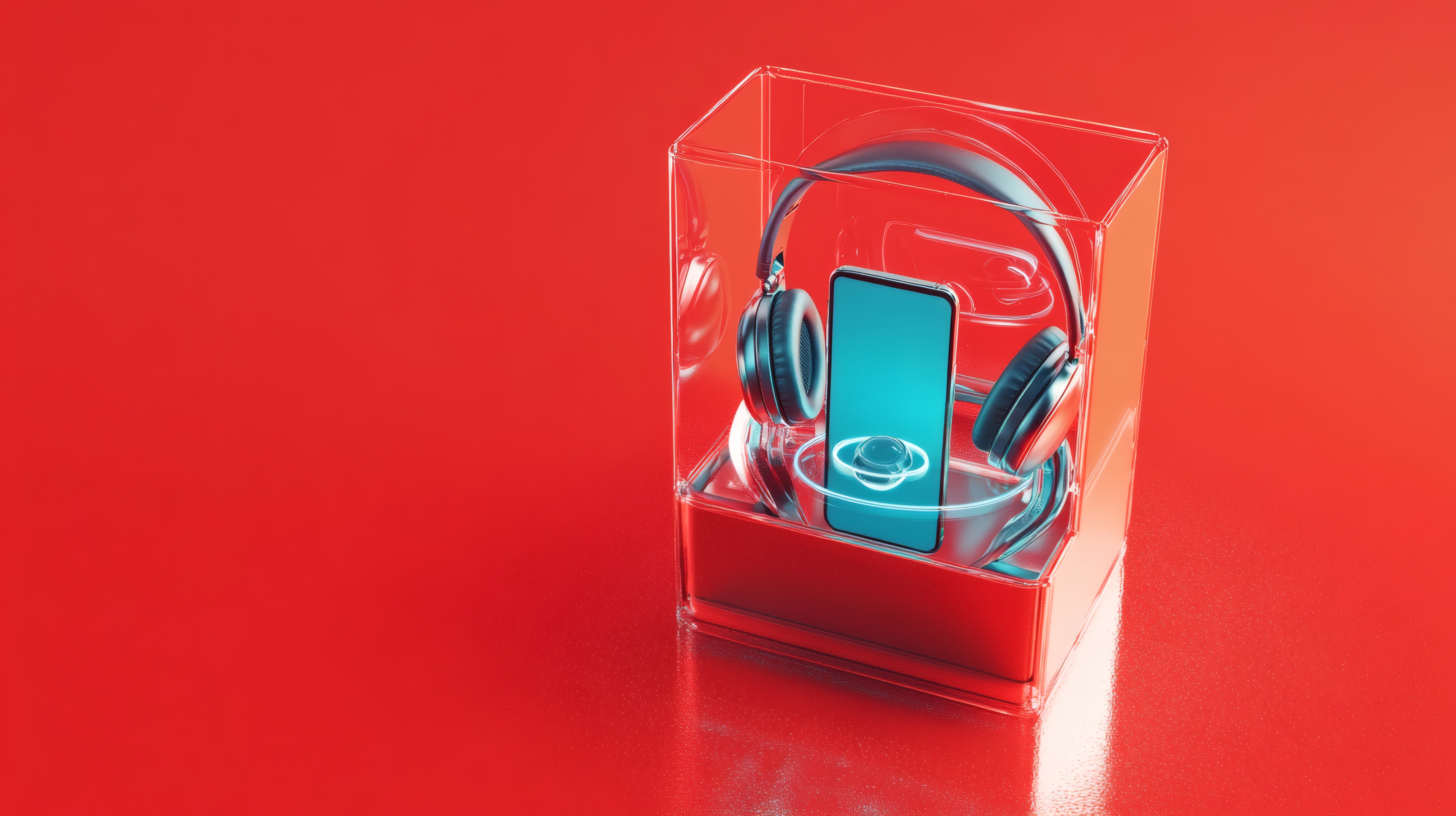 A smartphone and headphones displayed inside a transparent cube case on a vibrant red background, with the phone screen showing a glowing 3D ringed planet graphic