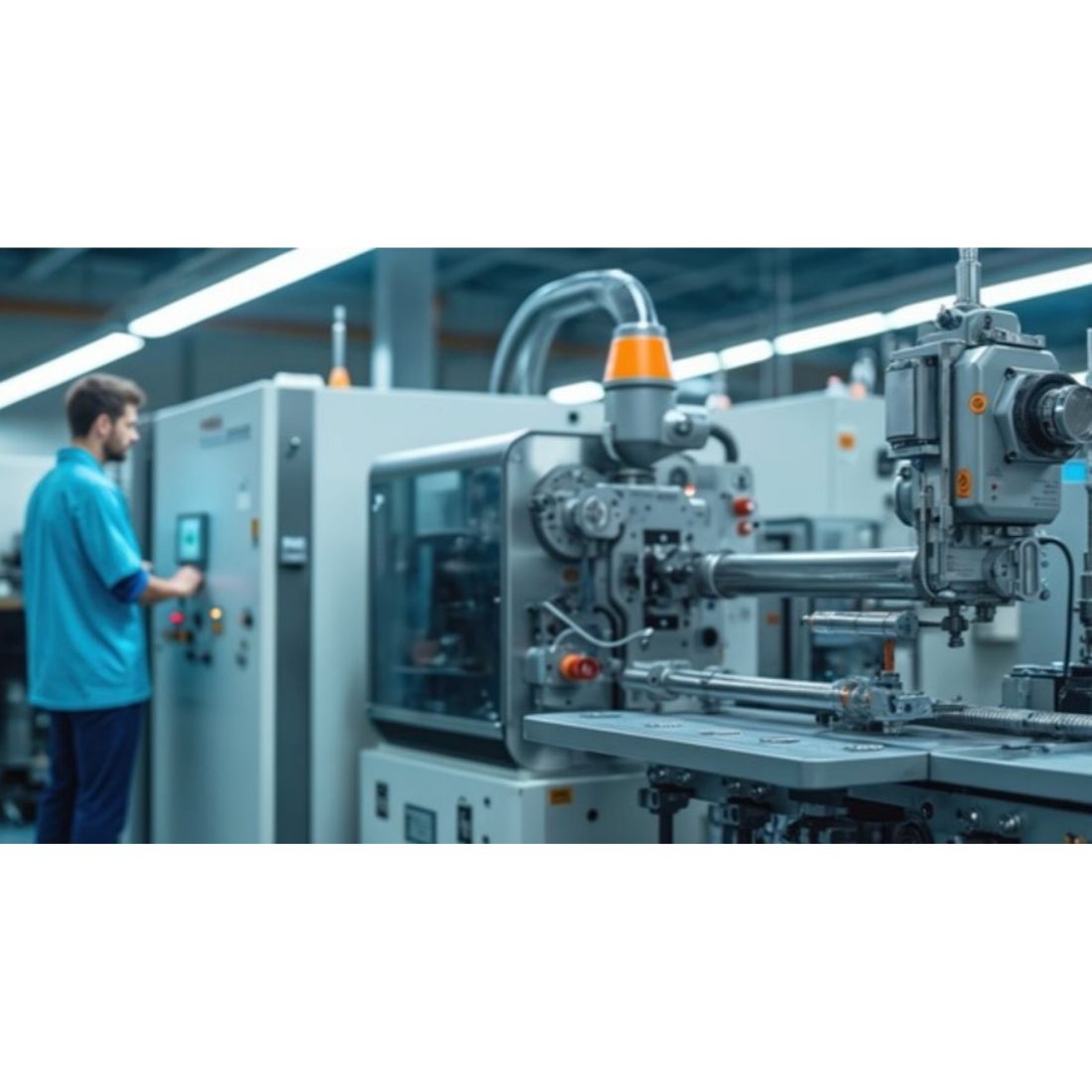 A technician operates a control panel beside advanced automated manufacturing machinery in a modern industrial facility