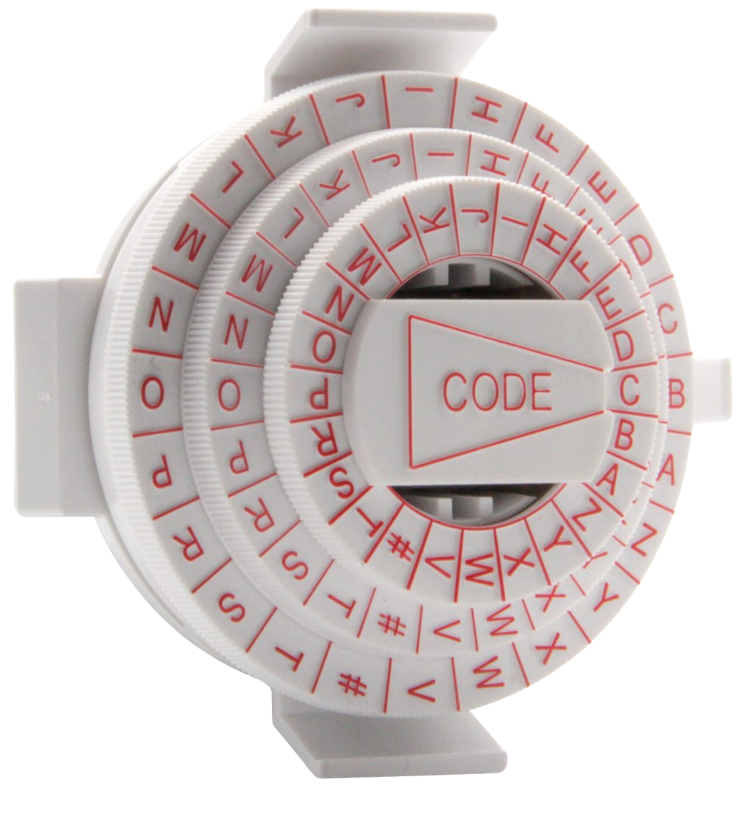 A white plastic cipher wheel with red letters and symbols arranged on rotating concentric rings, labeled "CODE" at the center