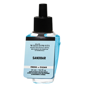 A bottle of Wallflowers Sandbar home fragrance refill containing 24 mL of blue liquid, labeled "Fresh + Clean" with a black twist-on cap and plug-in top
