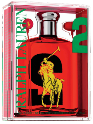 A red bottle of Ralph Lauren Polo fragrance inside clear packaging, featuring bold green and black typography with a yellow polo player graphic and the number 2 prominently displayed