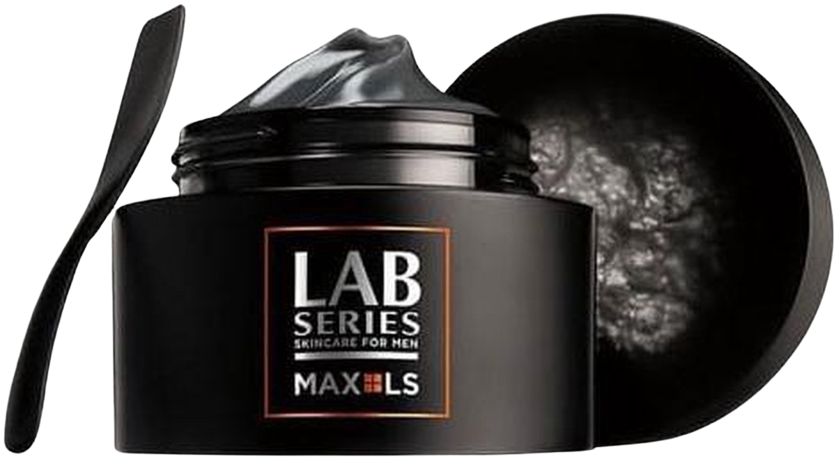 A black jar of LAB SERIES MAX LS skincare for men, opened to reveal a swirl of dark grey cream, with the lid and applicator placed beside it