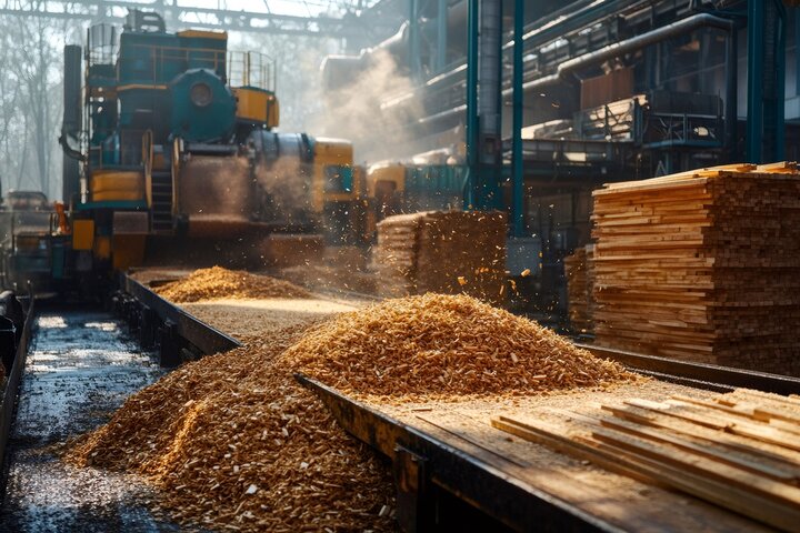 A wood processing facility with piles of wood shavings on conveyor belts and stacks of cut lumber in the background, surrounded by industrial machinery and beams of light filtering through