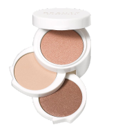 Trio of round, stackable eyeshadow or highlighter compacts in neutral shimmer shades with white lids