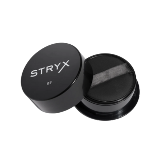 A black container of Stryx cosmetic product with the lid open, revealing a black applicator puff and a sleek, minimalist design