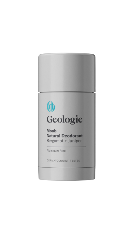 Geologie Moab Natural Deodorant stick with a sleek grey cylindrical design, labeled "Bergamot + Juniper" and "Aluminum Free."