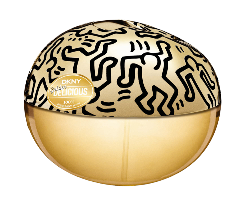 A golden DKNY "Golden Delicious" perfume bottle with black Keith Haring-style dancing figure illustrations on the top half and a translucent lower half