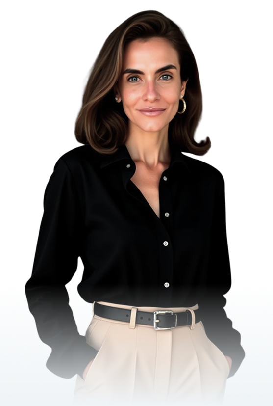 Woman with shoulder-length brown hair wearing a black button-up shirt and beige high-waisted pants with a black belt, posing confidently with hands in pockets