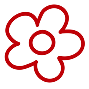 Red line drawing of a five-petal flower with a circular center, resembling a simple floral icon