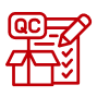Red icon showing a checklist with check marks, a pencil, and a box labeled "QC," symbolizing quality control in packaging or manufacturing