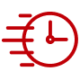 Red icon of a clock with motion lines to the left, symbolizing speed or fast time.