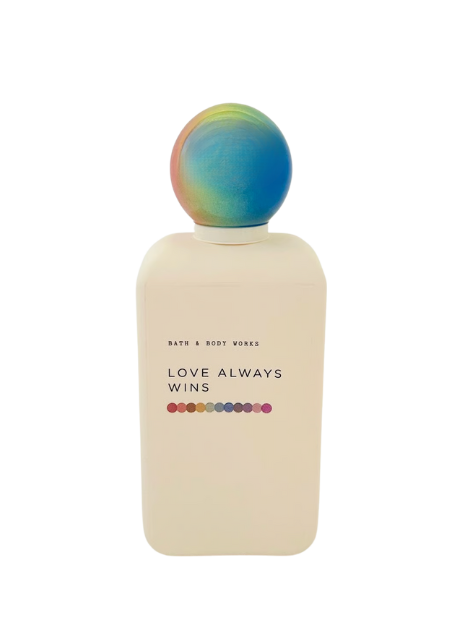 Cream-colored bottle of Bath & Body Works "Love Always Wins" lotion with a colorful rainbow sphere cap and minimalist label design